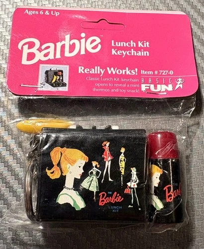 Vintage 1999 Mini Barbie Lunch Box Thermos Banana Keychain Basic Fun #727-0 *NEW