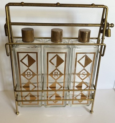 Vintage MCM Spirits Decanter Set Bourbon Rye Scotch W/ Lockable Caddy