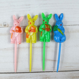 Lot 4 Vintage Plastic Easter Bunny Rabbit Party Craft Picks Cupcake Toppers