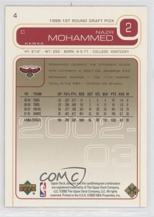 2002-03 Upper Deck UD Exclusives /100 Nazr Mohammed #4 - Image 2 of 2