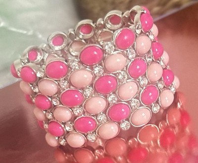 Pink tones beaded crystal stretchy cuff bangle Brand New Ladies Statement Cuff