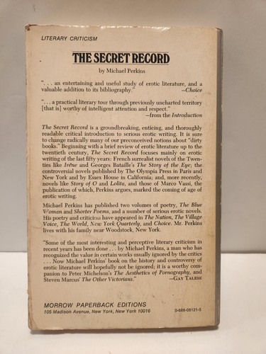 The Secret Record Michael Perkins Modern Erotic Literature First Morrow Print PB - Foto 2 di 7