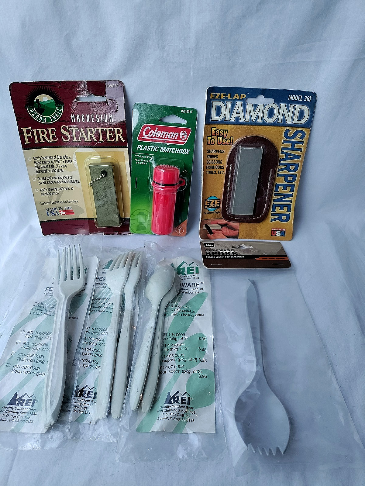 Camping Survival Kit Lot Fire Starter Coleman Matchbox Eze-Lap Sharpener Rei Ute