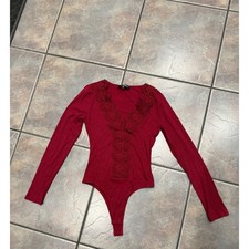 Lulus Wine Red Ribbed Lace Trim Long Sleeve Bodysuit Small