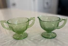 Antique Uranium Green Depression Glass Open Cream & Sugar Bowl Etched Flowers