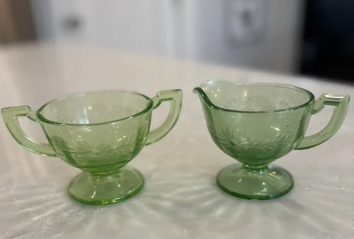Antique Uranium Green Depression Glass Open Cream & Sugar Bowl Etched Flowers