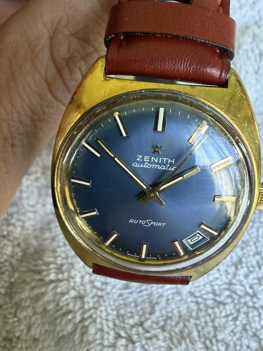 Zenith AutoSport Automatic Blue Sunburst Dial Date Gold Plated Case Leather