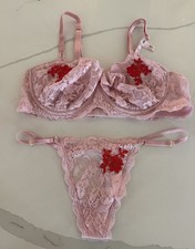 Victoria  s Secret DREAM ANGELS Pink Floral Lace Bra  Panty Set 36C/Small NWT
