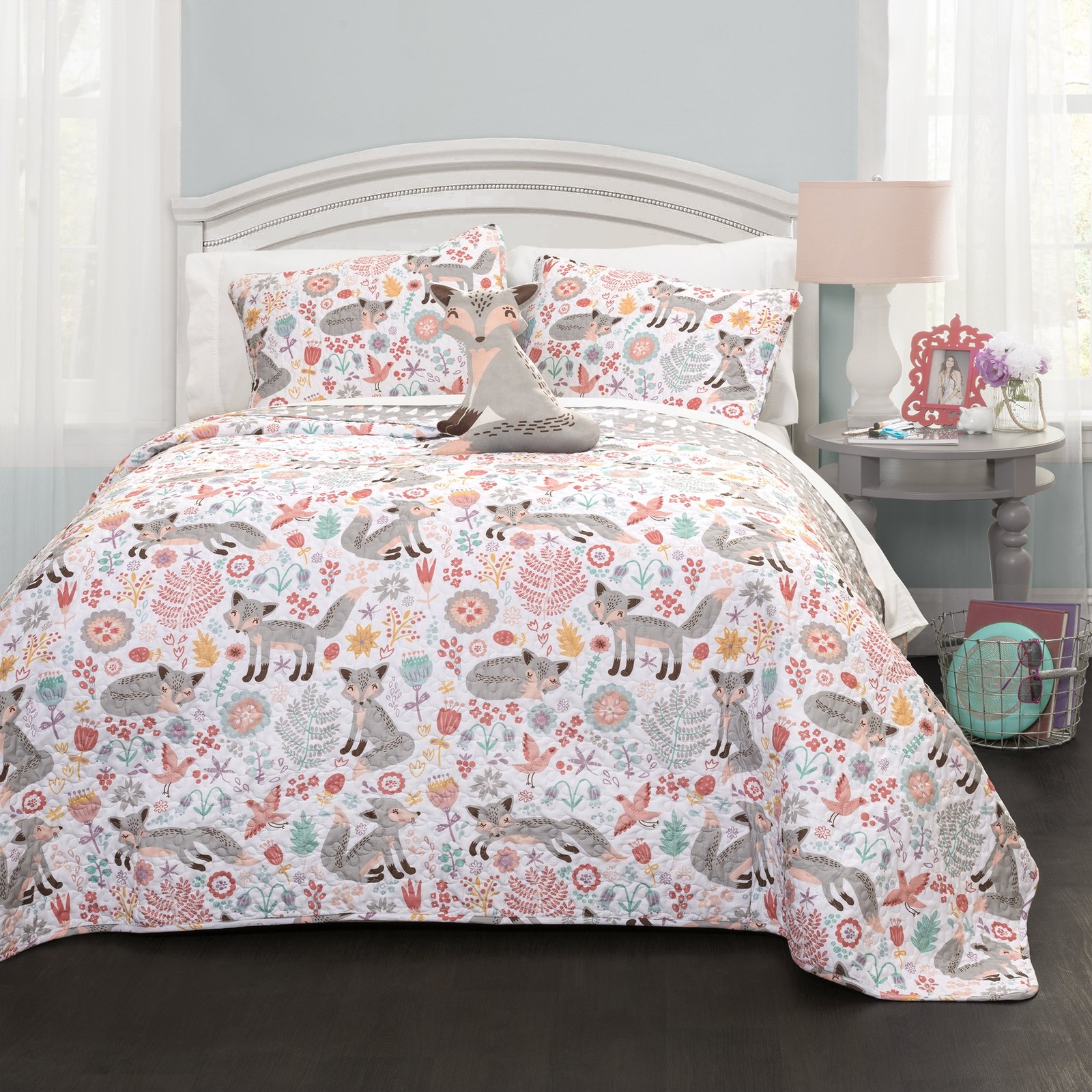 Pixie Fox Reversible Quilt Set, 3 Piece Set, Twin, Gray & Pink - Fun Lightwei...