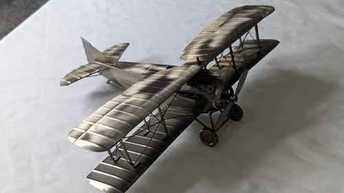 Brushed Tin Metal Model World War 1 Biplane Plane Fighter Aircraft 12" Wingspan