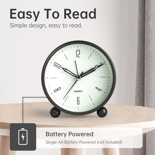 Analog Alarm Clock, 4 inch Super Silent Non Ticking Small Clock with Black - 第 3/8 張圖片
