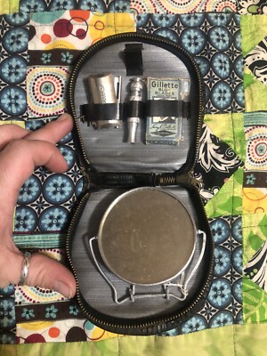Vintage Gillette Grooming Shaving Travel Kit - Leather Case