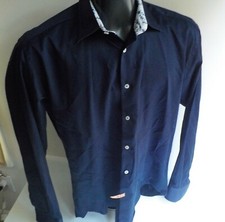 INPORE Navy Blue with Blue/White Floral Flip Cuffs LS Shirt 100 Cotton SZ LG