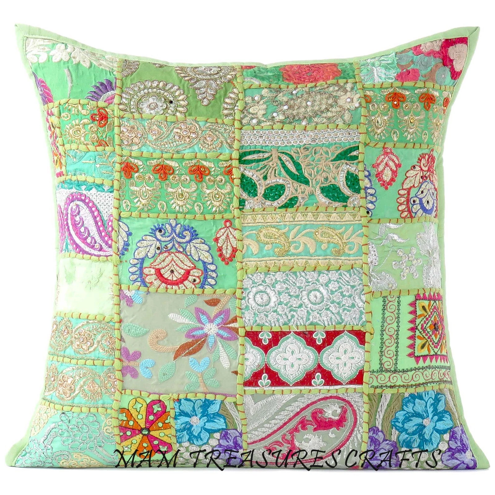Light Green Decorative Patchwork Boho Throw Pillow Colorful Bohemian Cushion Cov