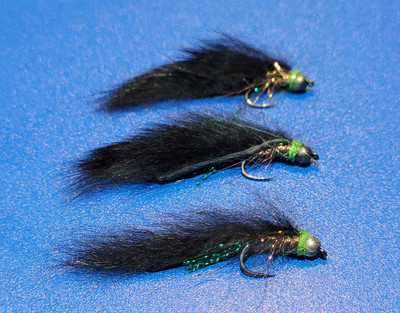 3 X BARBLESS SCHWARZ MIT GRÜNEM FLASH MINKIE ZONKER BLUTEGEL TUNG PERLE FORELLE Fliege #10