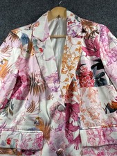 Womens Small Floral Blazer Jacket Pink White Botanical Open Front Dressy