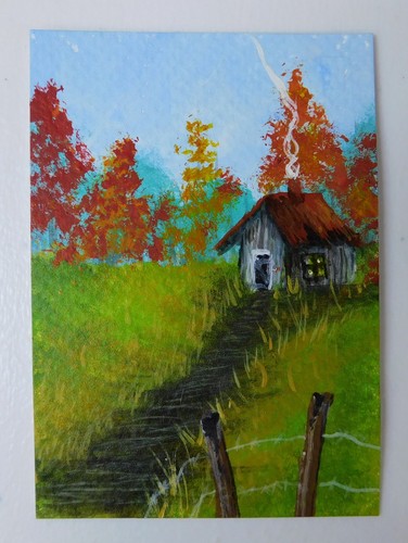 ACEO Landscape Scene Cabin in Fall Original Magnetic Sleeve Art by Rain Crow