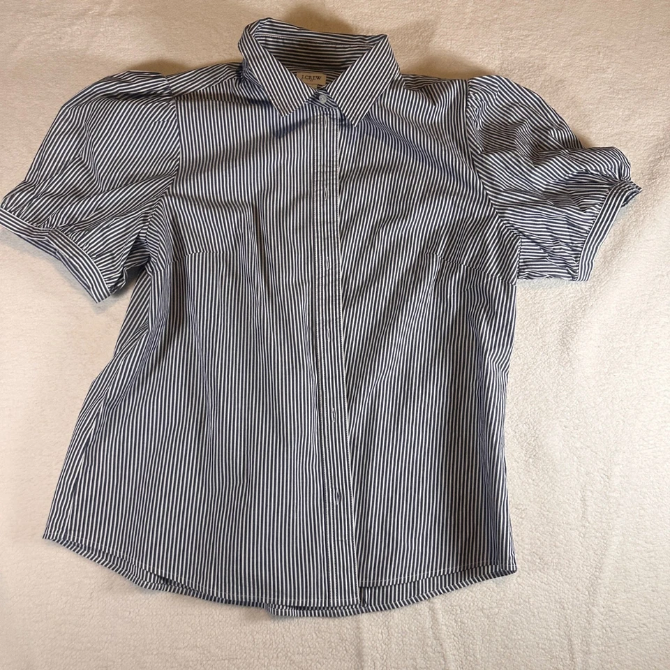 J. Crew Women's Blue White Striped Puff Sleeve Collared Button Up Shirt Size L - Image 4 of 4