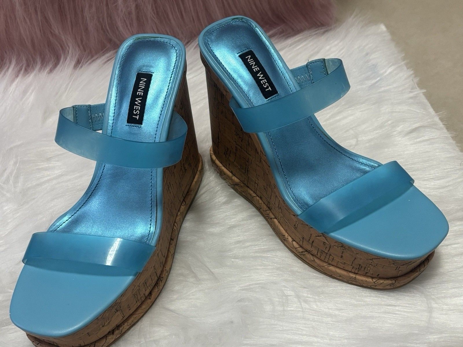Nine West Blue Synthetic Wedge Slide Sandals with Straps Slip On Women's Size 7M