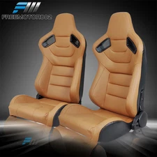 Adjustable Universal Racing Seat Brown PU & Carbon Leather Pair & 2 Dual Sliders