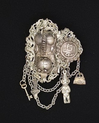 Vtg Artisan Chinese Export Dangle Charms Fish Key Medical Bag Brooch Pin