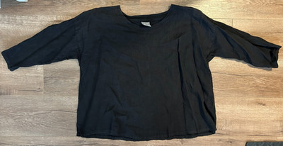 Pure Match 100% Linen Round Neck 3/4 Sleeves Women s Top Size S Black