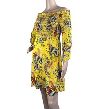 Farm Rio Anthropologie Bria Dress S Yellow Floral Smocked Off Shoulder Mini