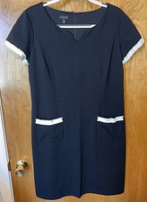 Talbots black ponte knit short sleeve shift dress with fringe trim Size 12
