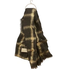 Plaid Scarf with Metallic Gold Thread and Fringed Edges - Fashion Accessory