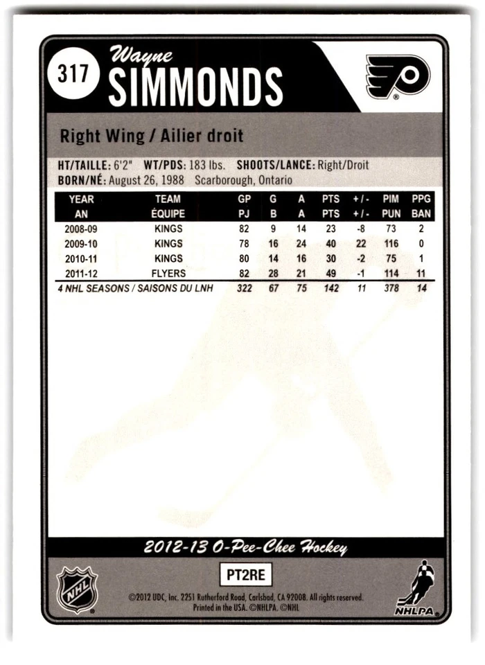2012-13 O-Pee-Chee Rainbow Wayne Simmonds #317 Philadelphia Flyers - Image 2 of 2
