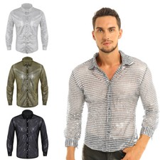 Mens Glitter Sequins Disco Dance Shirt Long Sleeve Casual Shirts Tops Clubwear