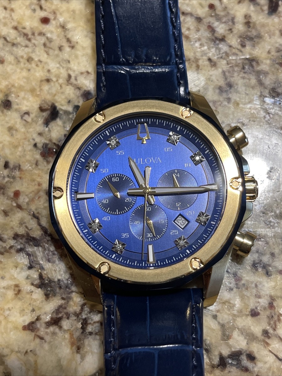BULOVA MENS GOLD / BLUE LEATHER DIAMOND CHRONOGRAPH BLUE DIAL