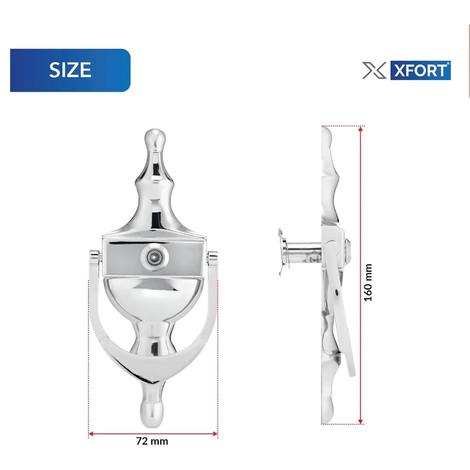 XFORT Door Knocker with Door Viewer, Victorian Urn Door Knocker, Polished Chrome - Image 2 of 4