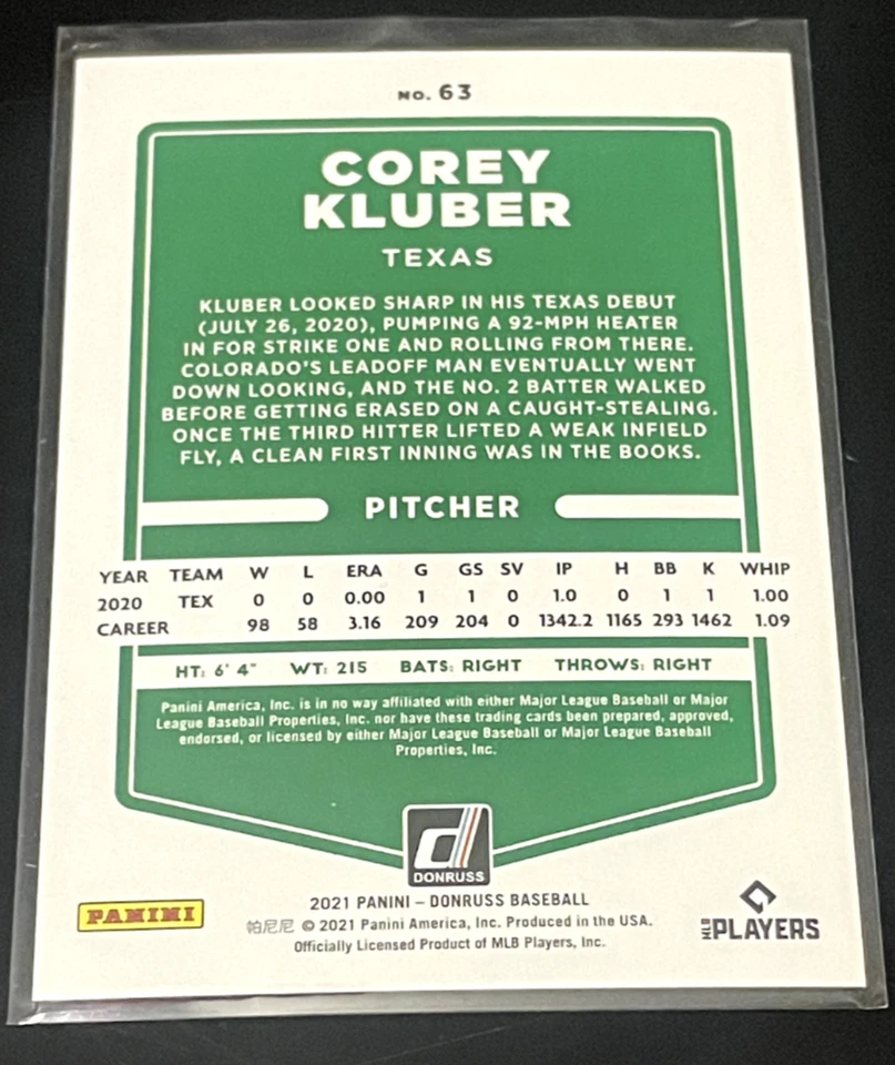 2021 Panini Donruss - Red #63 Corey Kluber /2021 - Image 2 of 2