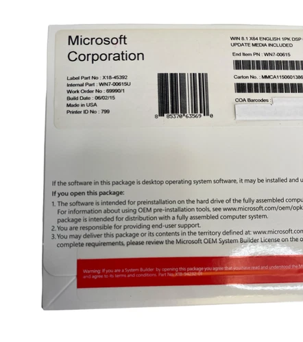 Microsoft Windows 8.1 x64 64 Bit English 1PK DSP OEI DVD with Update Media (New) - Picture 5 of 7