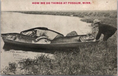 1914 FOSSUM Minnesota Comic Greetings Postcard Fishing Boat / Exaggeration