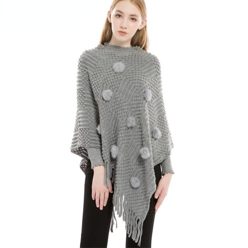 Women Pom Balls Knitted Poncho Cape Wrap Shawl Pullover Tassel Sweater Warm - Picture 7 of 17
