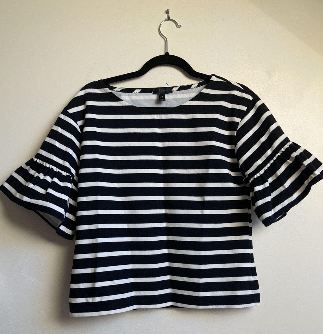 NWT J Crew $78 Ruffle-Sleeve Top F0270 Black Muslin Stripes Size S SOLD OUT!