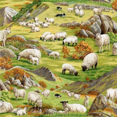 Fat Quarter Nutex Auf dem Land Schaf Lamm Weidefelder 100% Baumwollstoff