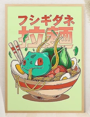 Bulbasaur Ramen Pokémon Poster   Funny Japanese Noodles Art