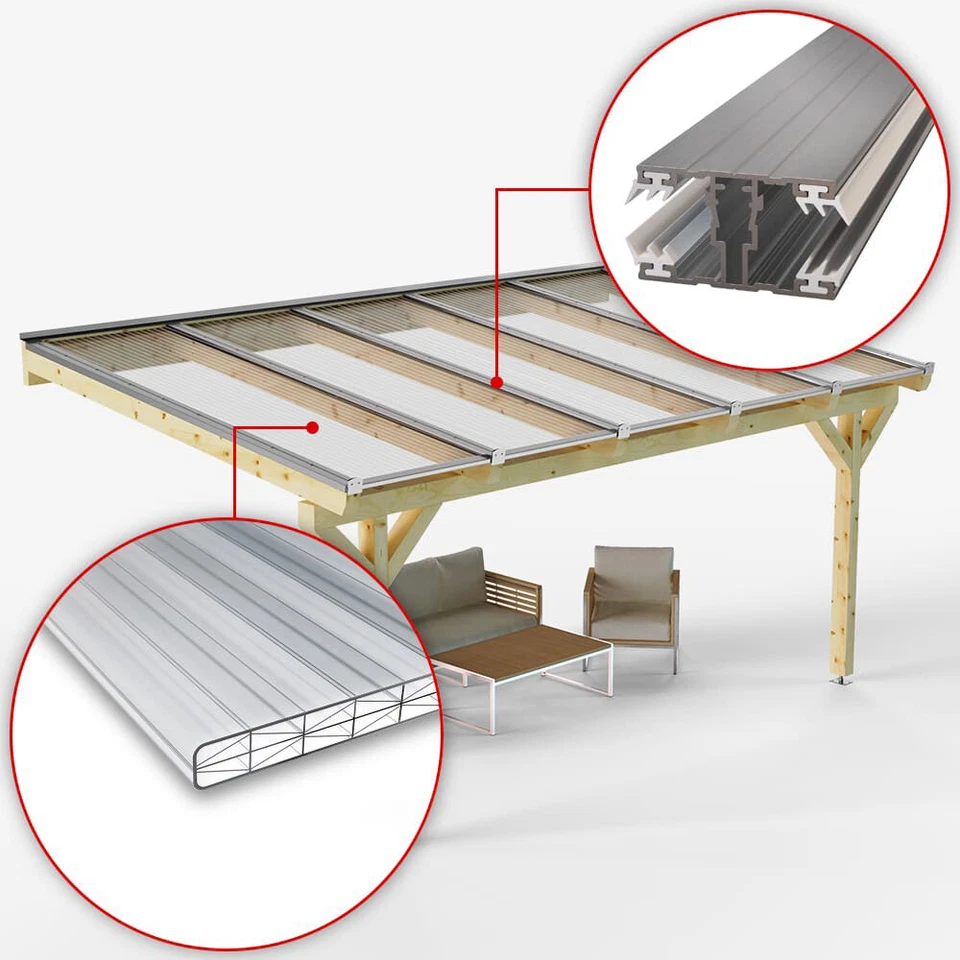 Terrassenüberdachung Doppelstegplatten 16 mm X-Struktur farblos klar  Alu/Alu - Bild 2 von 4