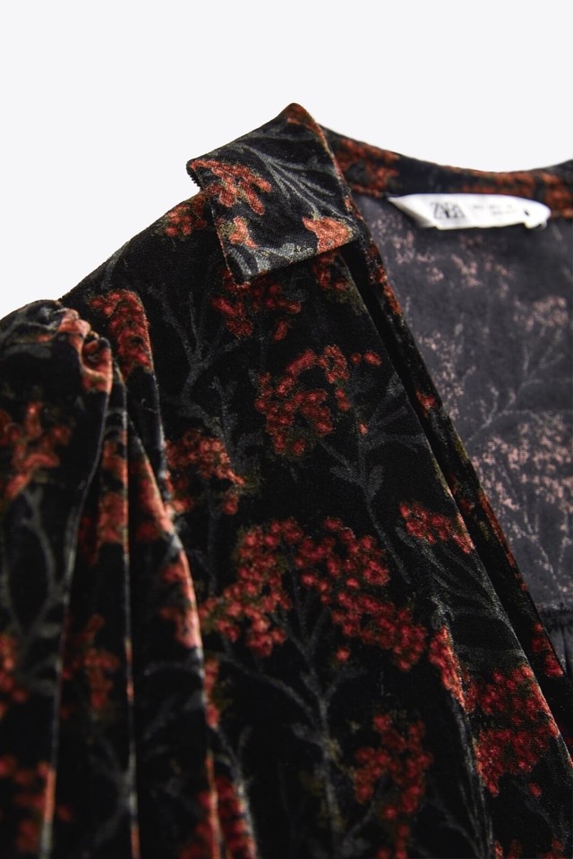 ZARA Black Red Floral Printed Velvet Blouse M UK 10 12 'Charlotte' Top