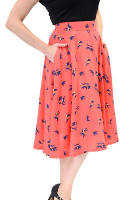 Steady Clothing Tellerrock Birdie Thrills Coral Vintage Swing Skirt Schwalben