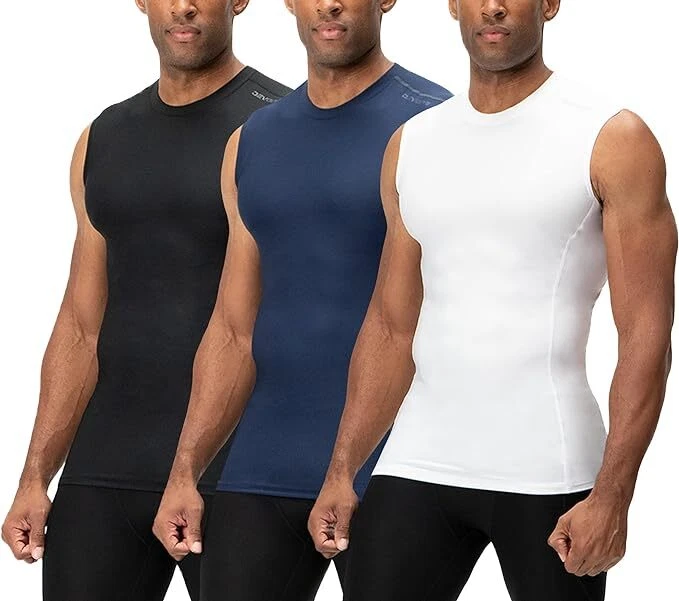 3 Pack Black/Nayy/White Men's Baselayer Athletic Compression Shirts Sleeveless