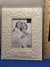 Happy Anniversary Picture Frame White Porcelain w Gold Trim Floral Design U01P
