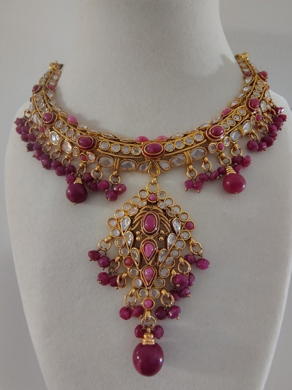 Indian Kundan Choker Necklace Gold Tone Pink Beads Adjustable 26"