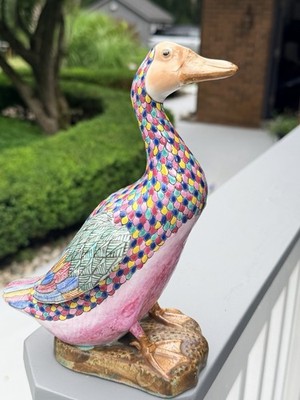 Vintage Hand Painted Chinoiserie Goose/Duck Statue In Vibrant Multicolor Pattern