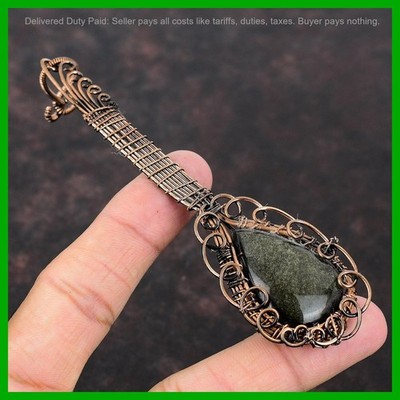 Silver Sheen Obsidian Stone Boho Guitar And Wire Wrapped Pendant Jewelry Copper