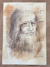 Leonardo da vinci (Handmade) Mixed Media Paper Drawing Antique Signed and Stampe