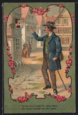 Embossed postcard a man says goodbye to continue walking 1908 